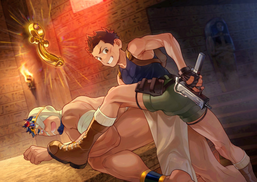 2boys architecture bara gun highres holding holding_gun holding_weapon implied_yaoi looking_at_viewer male_focus multiple_boys muscular_shota original science_fiction short_hair shorts shotadom temple weapon zxanzai