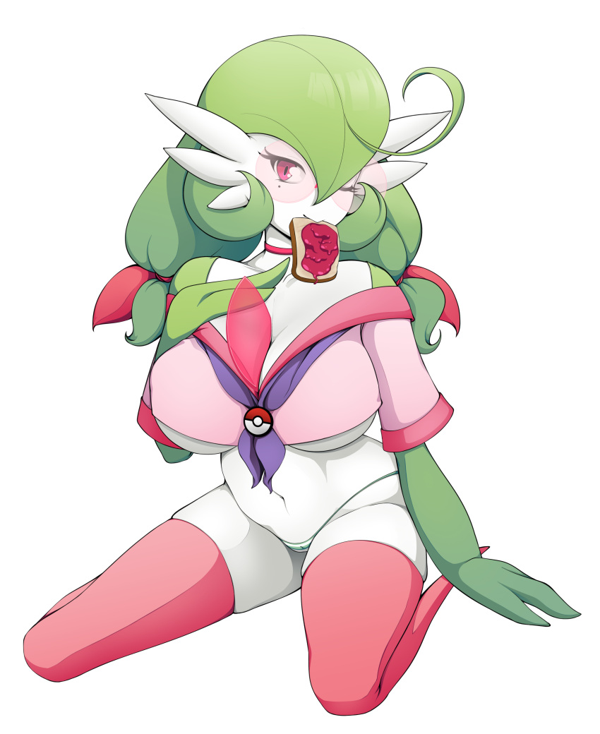 absurd_res big_breasts breasts cleavage clothed clothing female food gardevoir green_hair hair hi_res jelly_(food) lalox legwear nintendo not_furry one_eye_closed panties pok&eacute;mon pok&eacute;mon_(species) simple_background solo thigh_highs underwear video_games white_background wink