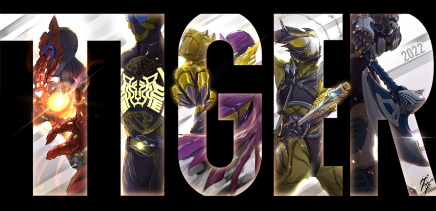 2022 5boys armor axe chinese_zodiac claw_(weapon) english_text fire highres holding holding_weapon kamen_rider kamen_rider_01_(series) kamen_rider_build kamen_rider_build_(series) kamen_rider_hibiki_(series) kamen_rider_nishiki kamen_rider_ooo kamen_rider_ooo_(series) kamen_rider_ryuki_(series) kamen_rider_tiger kamen_rider_zero-one multiple_boys ratoratah_(ooo_combo) rider_belt signature three_section_staff trait_connection weapon year_of_the_tiger zagizagi