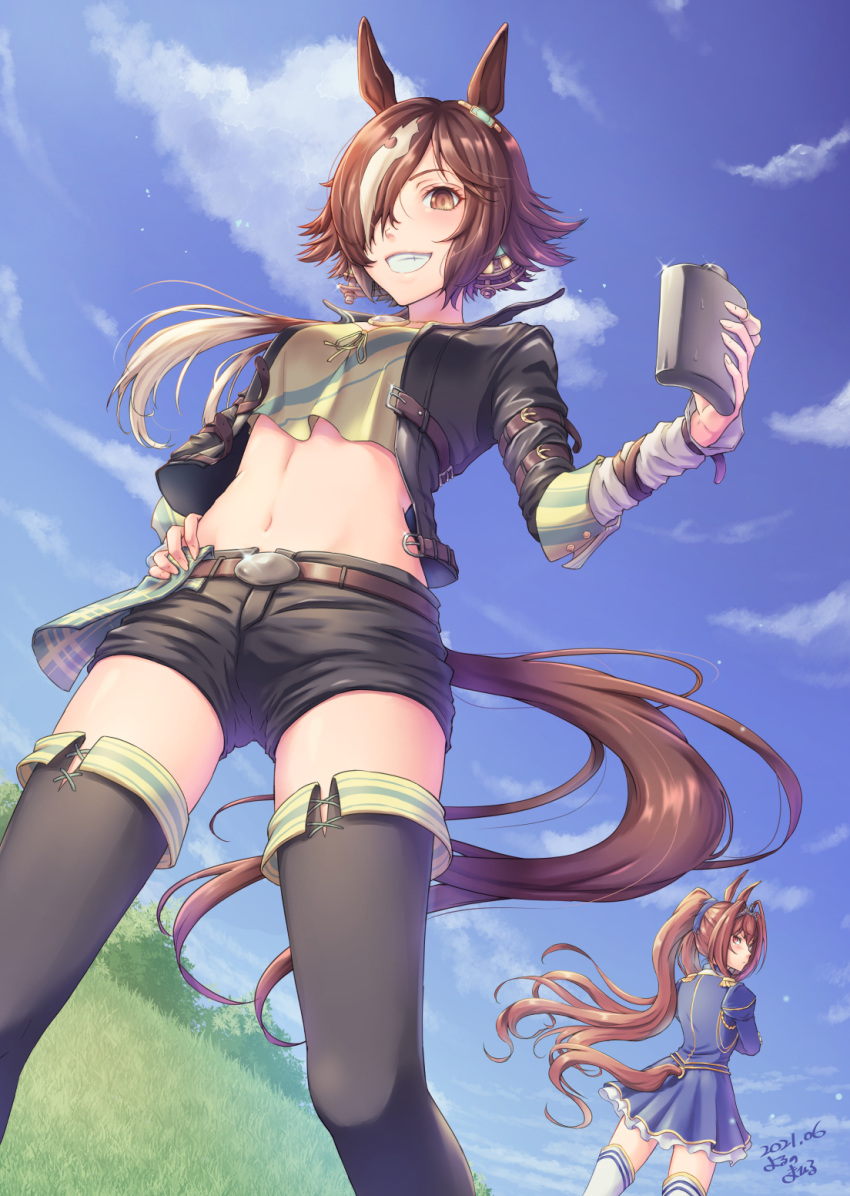 2girls animal_ears arm_belt bangs belt black_jacket black_legwear black_shorts blue_jacket blue_shirt blue_skirt blue_sky blush bottle breasts brown_belt brown_eyes brown_hair canteen closed_mouth cloud commentary_request crop_top cropped_shirt crossed_arms daiwa_scarlet_(umamusume) dated day ear_ornament floating_hair grass grin groin hair_between_eyes hair_intakes hair_over_one_eye hand_on_hip hand_up highres holding holding_bottle horse_ears horse_girl horse_tail jacket long_bangs long_hair long_sleeves looking_at_viewer low_ponytail midriff multicolored_hair multiple_girls navel open_clothes open_jacket outdoors pleated_skirt red_eyes shirt short_shorts shorts sidelocks signature skirt skirt_set sky sleeve_cuffs small_breasts smile standing tail teeth thighhighs tiara twintails two-tone_hair two-tone_shirt umamusume very_long_hair vodka_(umamusume) white_hair white_legwear yellow_shirt yoruno_mahiru