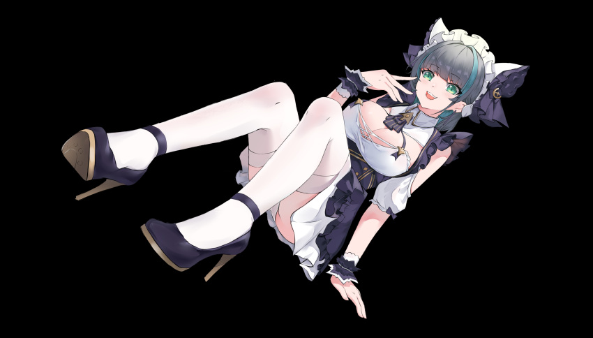 1girl animal_ears aqua_hair ass azur_lane bare_shoulders black_background breasts cat_ears cheshire_(azur_lane) cleavage detached_sleeves dr.tj dress fake_animal_ears frilled_hairband frills full_body green_eyes grey_hair hairband high_heels highres large_breasts multicolored_hair panties puffy_short_sleeves puffy_sleeves purple_apron purple_footwear shoes short_sleeves simple_background solo streaked_hair thighhighs two-tone_hair underwear white_dress white_legwear white_panties