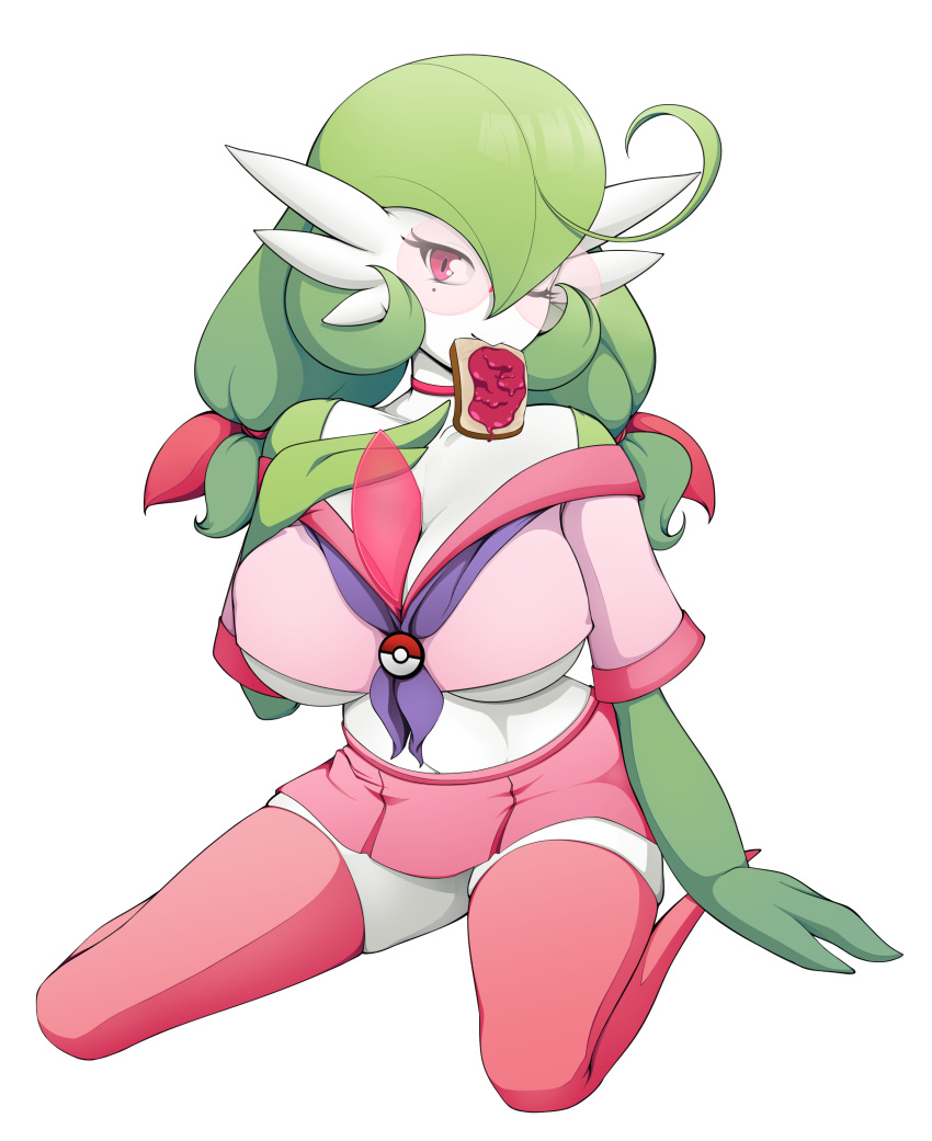 absurd_res big_breasts breasts cleavage clothed clothing female food gardevoir green_hair hair hi_res jelly_(food) lalox legwear nintendo not_furry one_eye_closed pok&eacute;mon pok&eacute;mon_(species) simple_background solo thigh_highs video_games white_background wink