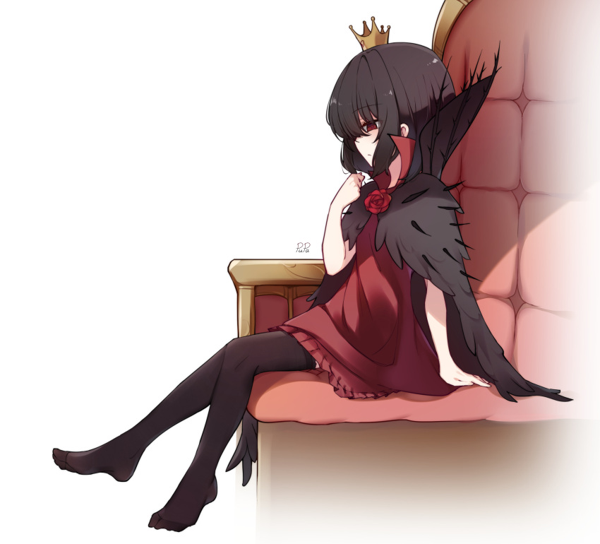 1girl absurdres artist_name bangs black_cape black_hair black_legwear black_souls cape chinese_commentary closed_mouth crown dress eyebrows_visible_through_hair eyes_visible_through_hair flower from_side fur_cape hand_up highres lorina_(black_souls) mini_crown pupa_jiang red_dress red_eyes red_flower red_rose rose short_dress short_hair sideways_mouth sitting solo thighhighs throne zettai_ryouiki