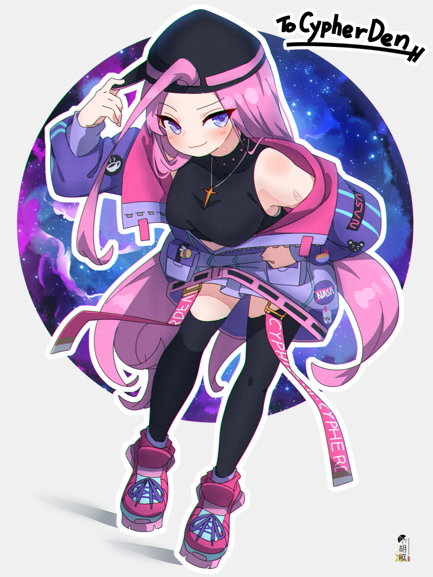 1girl absurdres arm_up bare_shoulders baseball_cap black_legwear black_shirt blush breasts closed_mouth commentary commission full_body grey_background hand_on_headwear hat highres jacket kuro_kosyou leaning_forward long_hair nasa nasa_logo off_shoulder open_clothes open_jacket original pink_hair purple_eyes purple_jacket red_footwear shirt shoes sideways_hat skeb_commission sleeveless sleeveless_shirt small_breasts smile solo space star_(sky) thighhighs very_long_hair