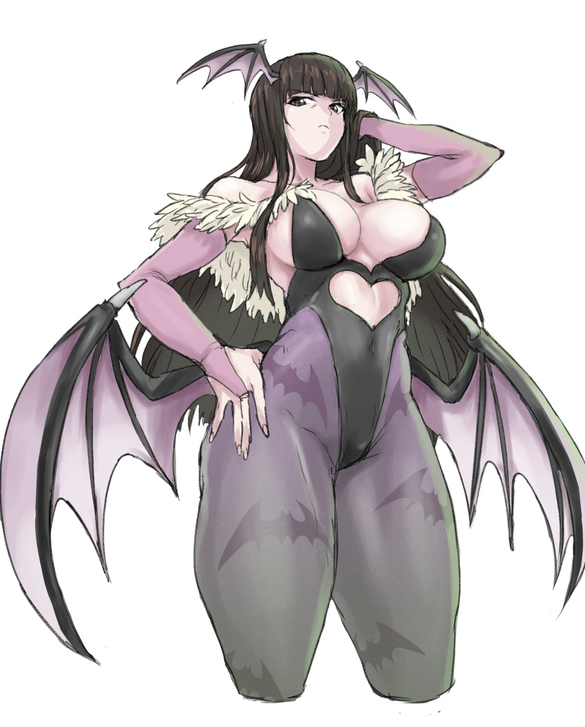 1girl absurdres animal_print arm_up bangs bat_print bat_wings blunt_bangs breasts bridal_gauntlets clothing_cutout cosplay cowboy_shot cropped_legs demon_girl girls_und_panzer guhanshounen hand_in_hair hand_on_hip head_wings heart_cutout highres large_breasts leotard morrigan_aensland morrigan_aensland_(cosplay) nishizumi_shiho pantyhose print_legwear purple_legwear simple_background vampire_(game) white_background wings