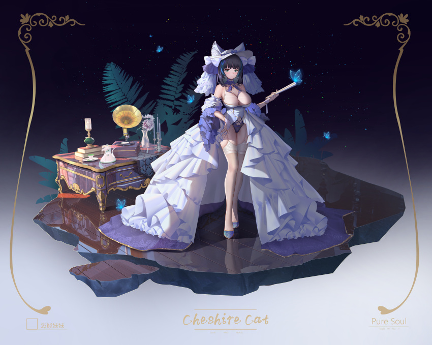 1girl :3 absurdres animal_ears azur_lane bare_shoulders blue_butterfly blue_hair boots breasts bridal_gauntlets bug butterfly candle character_name cheshire_(azur_lane) cheshire_(the_cat_and_the_white_steed)_(azur_lane) cleavage dress evening_gown eyebrows_visible_through_hair fake_animal_ears fern folding_fan frilled_dress frills full_body green_eyes hand_fan highres holding holding_fan koala-mitsuri large_breasts layered_dress multicolored_hair night night_sky official_alternate_costume panties phonograph purple_hair purple_panties reflection see-through sky solo streaked_hair thighhighs two-tone_hair underwear white_dress white_garter_straps white_headwear white_legwear