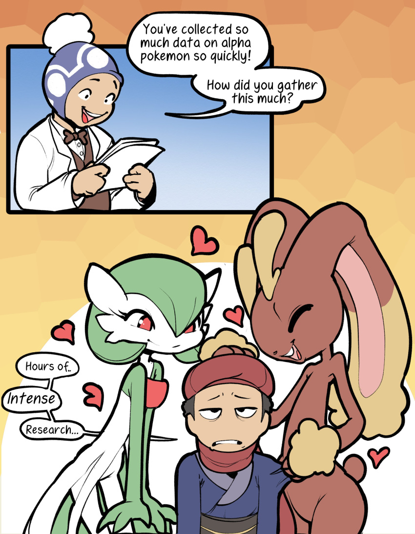 &lt;3 absurd_res alpha_pok&eacute;mon ambiguous_gender anthro brown_body brown_fur domestic_rabbit floppy_ears fur gardevoir green_body green_hair group hair hi_res itsunknownanon lagomorph leporid lop_ears lop_rabbit lopunny male mammal nintendo open_mouth oryctolagus pok&eacute;mon pok&eacute;mon_(species) pok&eacute;mon_professor pok&eacute;mon_trainer pokemon_legends_arceus rabbit red_eyes size_difference slim video_games