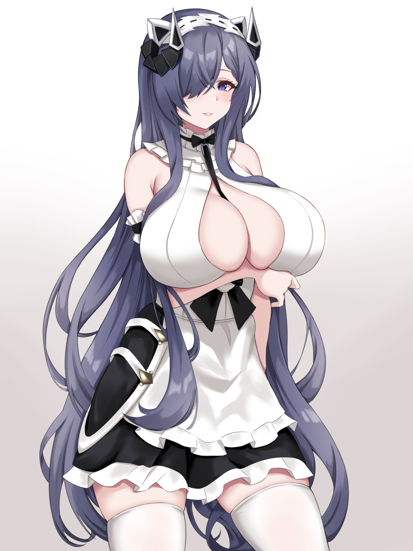 1girl absurdres apron arm_under_breasts august_von_parseval_(azur_lane) august_von_parseval_(the_conquered_unhulde)_(azur_lane) azur_lane bare_shoulders between_breasts black_dress breasts center_opening comotaro cross-laced_dress curled_horns dress hair_over_one_eye highres horns huge_breasts long_hair looking_at_viewer mechanical_horns official_alternate_costume one_eye_covered purple_eyes purple_hair simple_background skindentation solo strap_between_breasts thighhighs very_long_hair white_apron white_dress white_legwear zettai_ryouiki