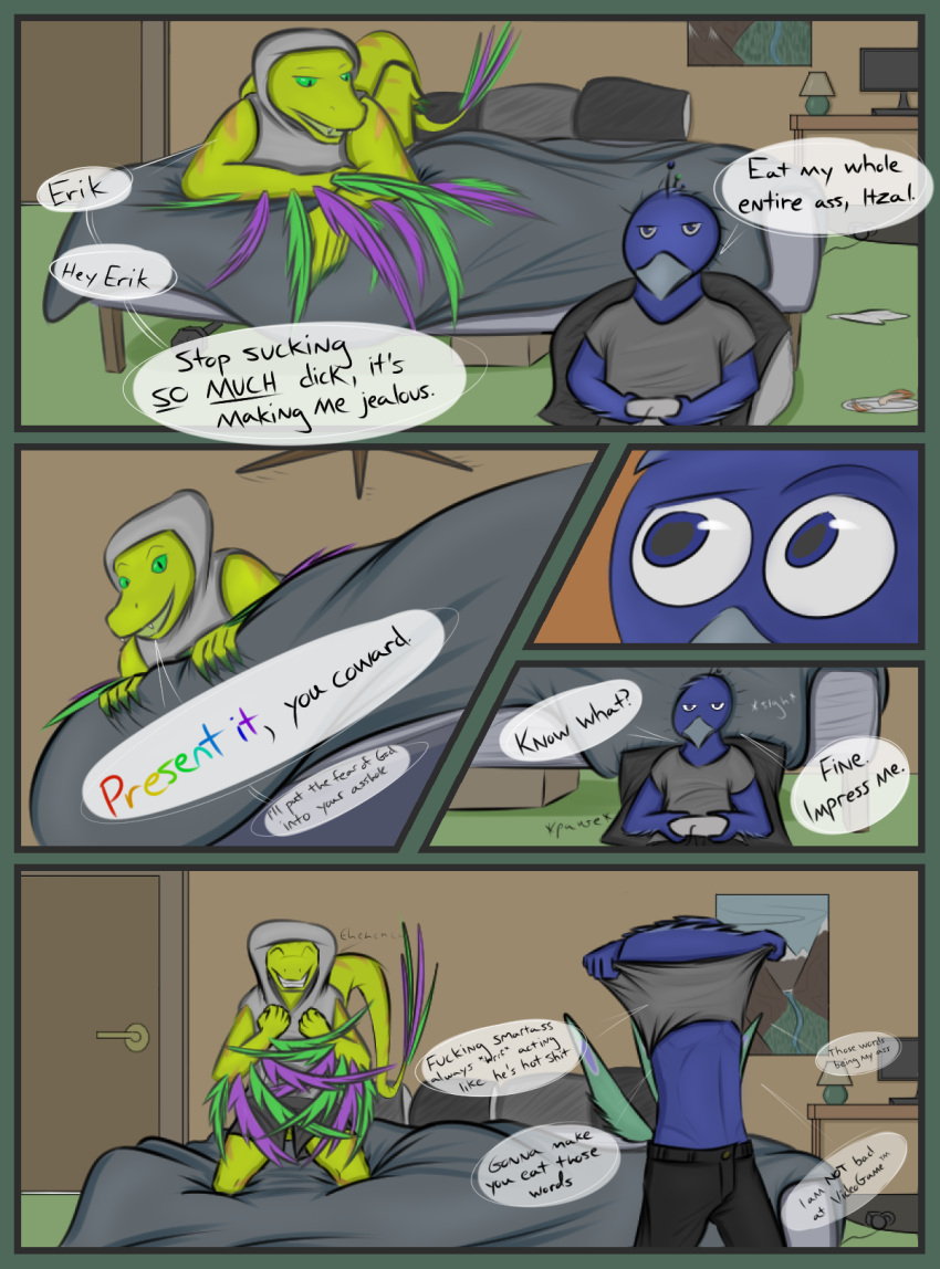 anthro avian beak bed bedroom bird bottomwear clothed clothing comic controller couatl detailed_background dialogue digital_media_(artwork) duo english_text erik_cooper feathered_snake feathers furniture game_controller gaming hi_res holding_object hoodie itzal_eguzkia legswithsnake male playing_videogame reptile scalie shirt sitting snake standing text topwear undressing video_games