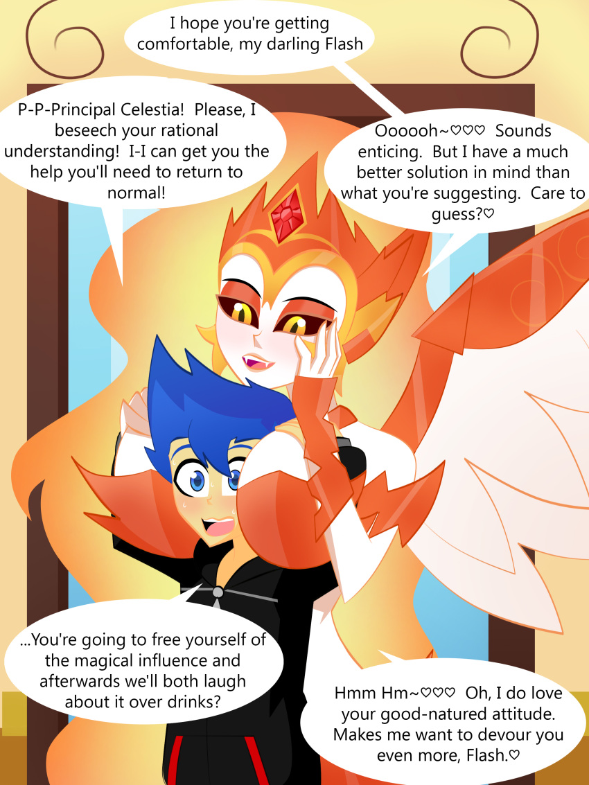 absurd_res between_breasts black_sclera breasts daybreaker_(mlp) dialogue english_text equestria_girls fangs female fire flaming_hair flash_sentry_(eg) friendship_is_magic hi_res human humanoid male male/female mammal my_little_pony pseudo_hair pupils slit_pupils text winged_humanoid wings xan-gelx yellow_eyes