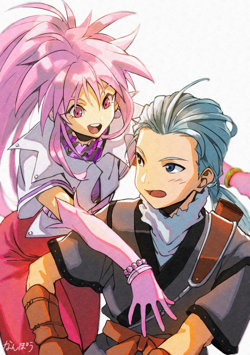 1boy 1girl arche_klein blue_eyes blue_hair chester_burklight earrings elbow_gloves gloves highres jewelry long_hair nanpou_(nanpou0021) open_mouth pants pink_eyes pink_hair pink_pants ponytail simple_background smile tales_of_(series) tales_of_phantasia white_background wide_ponytail