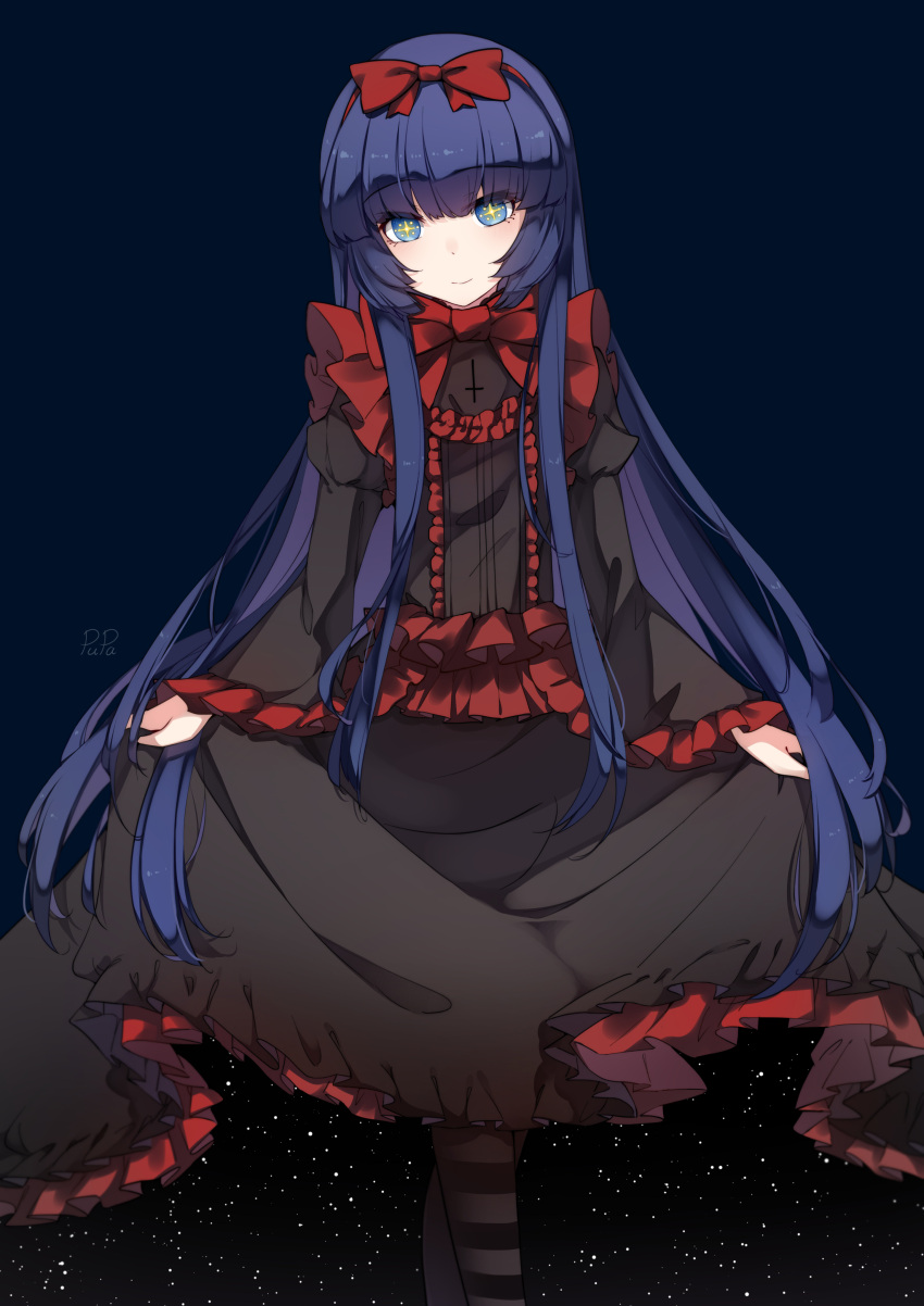 +_+ 1girl absurdres artist_name bangs black_dress black_souls blue_background blue_hair bow bow_hairband center_frills chinese_commentary closed_mouth clothes_lift cross crossed_legs dress dress_lift eyebrows_visible_through_hair eyes_visible_through_hair frilled_dress frilled_sleeves frills hairband highres inverted_cross juliet_sleeves lifted_by_self light_blue_eyes lolita_fashion long_hair long_sleeves looking_at_viewer mabel_(black_souls) puffy_sleeves pupa_jiang red_bow red_hairband sidelocks smile solo space star_(sky) striped striped_legwear very_long_hair watson_cross wide_sleeves
