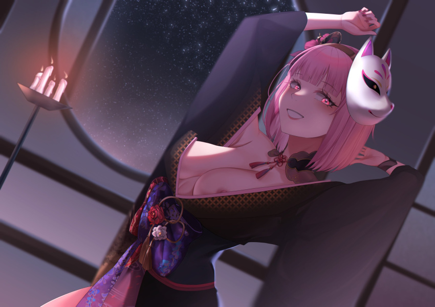 1girl areolae bangs bare_shoulders black_kimono blunt_bangs breasts cojohn comb flower fox_mask hair_ornament highres hololive hololive_english japanese_clothes kimono large_breasts mask mori_calliope no_bra off_shoulder official_alternate_costume parted_lips pink_eyes pink_hair smile solo virtual_youtuber