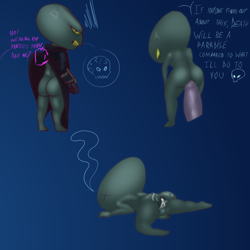 absurd_res alien anal angry assisted_exposure balls bodily_fluids bone butt clothed clothing cum cum_in_ass cum_inside damian5320 english_text faceless_character faceless_male foreskin genital_fluids genitals hi_res lord_commander_(final_space) male nude penis skull solo text x_eyes