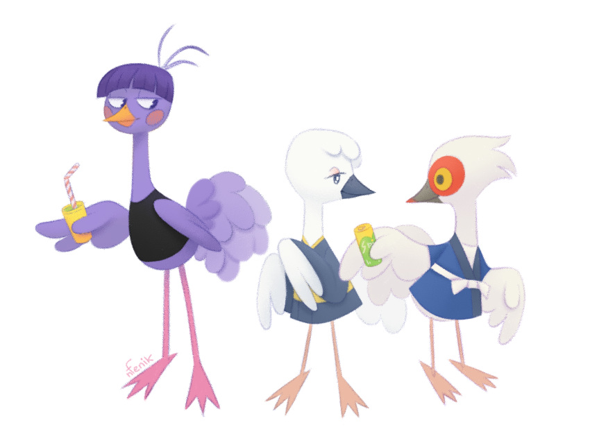 animal_crossing avian beverage bird blanche_(animal_crossing) clothing crane_(bird) cranston_(animal_crossing) feathers female group gruiform hi_res holding_object looking_at_another male natashafenik nintendo offering_beverage ostrich purple_body purple_feathers queenie_(animal_crossing) ratite semi-anthro simple_background size_difference smile video_games white_body white_feathers wings yellow_eyes