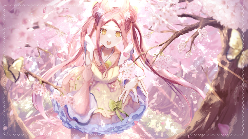 1girl absurdres animal_ears bangs cherry_blossoms commission detached_sleeves double_bun dress english_commentary flower forest highres indie_virtual_youtuber leaning_forward looking_at_viewer nature neko_tsukune open_hand open_mouth parted_bangs pink_flower satsuki_nadeko second-party_source skeb_commission smile solo tree twintails virtual_youtuber yellow_dress yellow_eyes