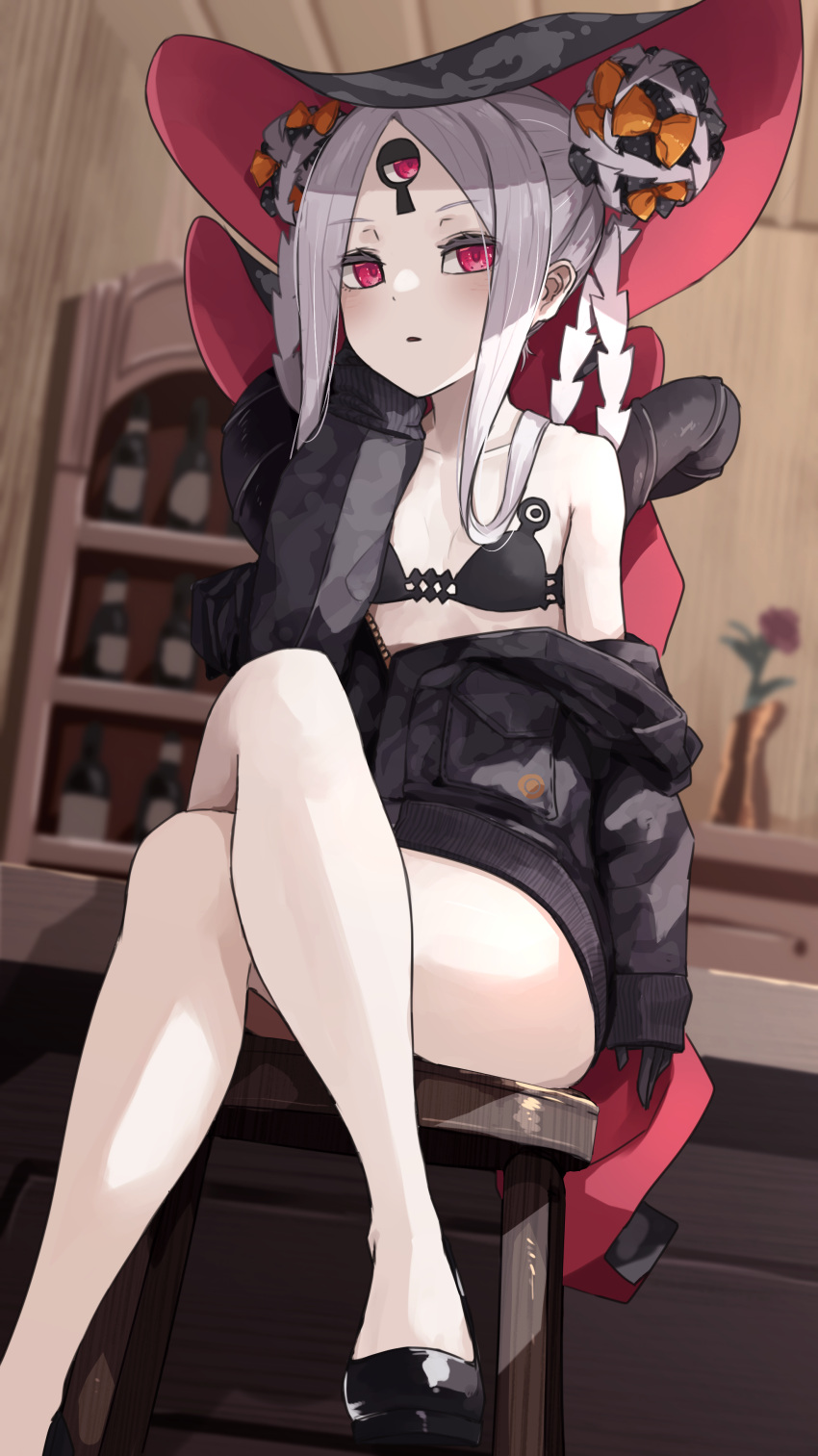 1girl abigail_williams_(fate) abigail_williams_(swimsuit_foreigner)_(fate) absurdres bangs bare_shoulders bikini black_bikini black_bow black_jacket bow breasts collarbone colored_skin crossed_legs double_bun fate/grand_order fate_(series) forehead highres jacket keyhole kopaka_(karda_nui) legs long_hair multiple_bows off_shoulder orange_bow parted_bangs parted_lips red_eyes sidelocks sitting small_breasts solo stool swimsuit thighs third_eye very_long_hair white_hair white_skin