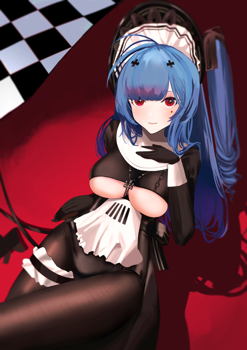 1girl absurdres azur_lane black_dress black_gloves blue_hair bodystocking breasts checkered_floor cleavage clothing_cutout dress from_above gloves hand_on_own_chest highres large_breasts long_hair looking_at_viewer looking_up maid_headdress marco_polo_(azur_lane) marco_polo_(the_queen_of_hearts)_(azur_lane) official_alternate_costume ram_(404272725) red_carpet red_eyes solo underboob underboob_cutout