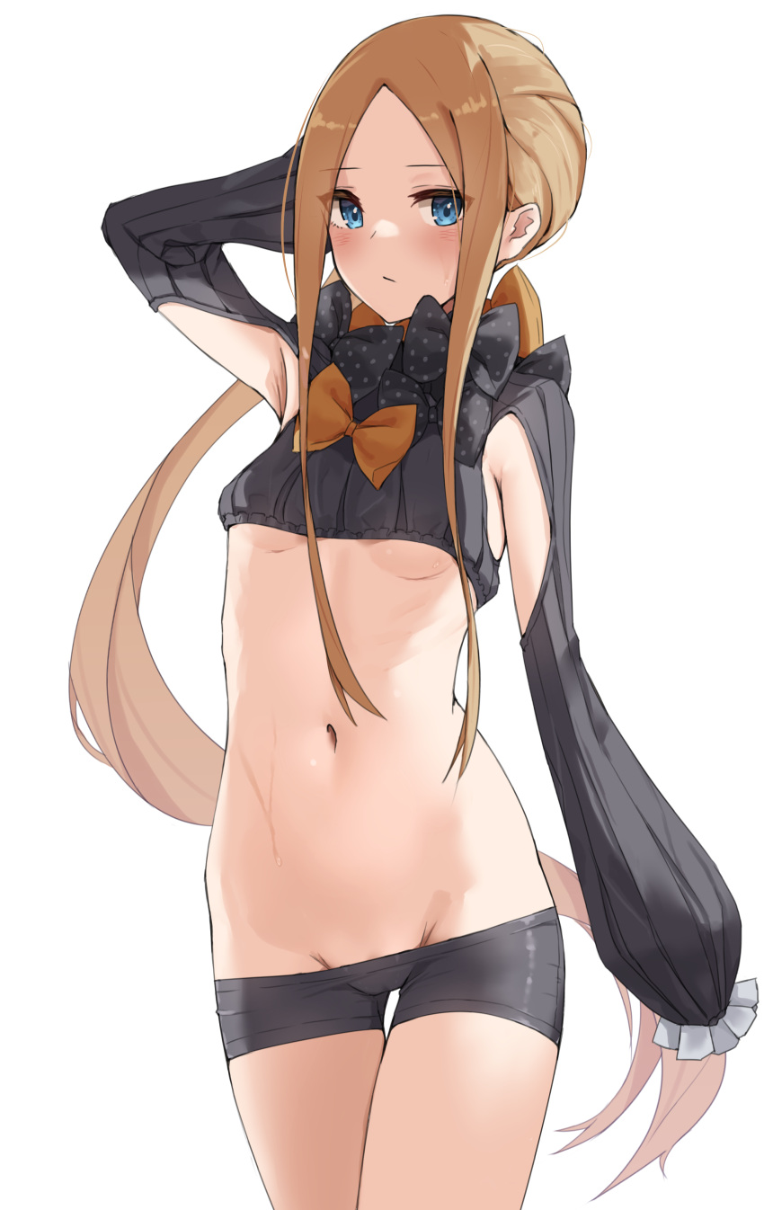 1girl abigail_williams_(fate) absurdres bangs black_bow black_shorts blonde_hair blue_eyes blush bow breasts cameltoe crop_top fate/grand_order fate_(series) forehead groin highres kopaka_(karda_nui) long_hair long_sleeves looking_at_viewer lowleg lowleg_shorts multiple_bows navel orange_bow parted_bangs polka_dot polka_dot_bow ribbed_sleeves short_shorts shorts shrug_(clothing) sidelocks sleeves_past_fingers sleeves_past_wrists small_breasts thigh_gap thighs twintails underboob