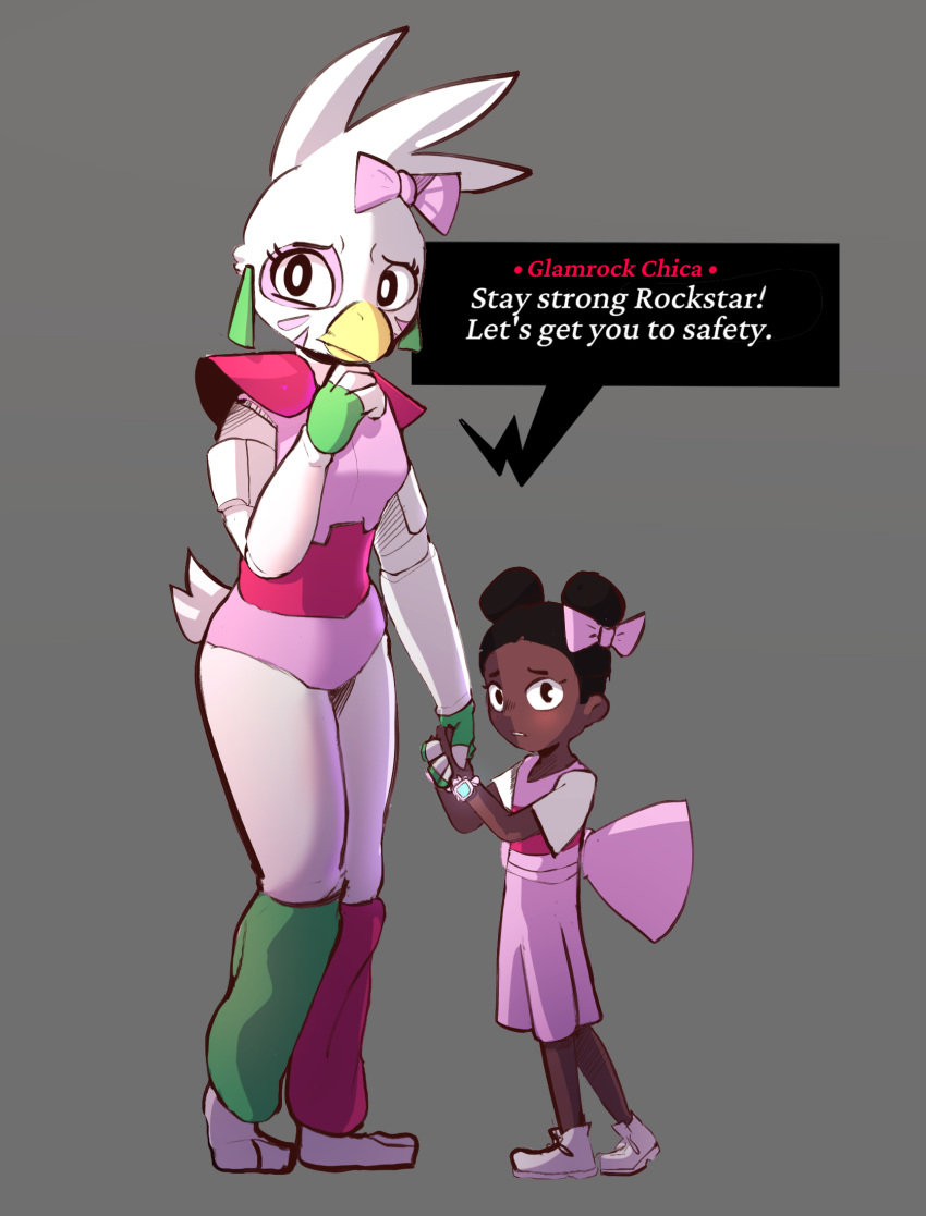accessory animatronic anthro avian barefoot bird chicken child clothing dialogue dress duo ear_piercing facial_markings feet female fingerless_gloves five_nights_at_freddy's five_nights_at_freddy's:_security_breach footwear galliform gallus_(genus) glamrock_chica_(fnaf) gloves hair_accessory hair_bow hair_ribbon hand_holding handwear head_markings hi_res human leg_warmers legwear leotard machine mammal markings metallic_body miscuitsxd phasianid piercing ribbons robot scottgames shoes shoulder_pads size_difference speech_bubble text video_games young