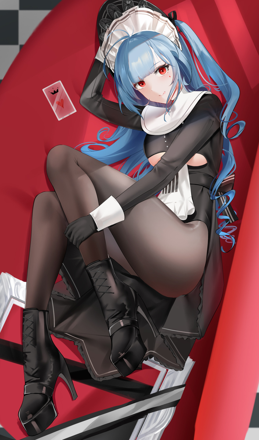 1girl :q absurdres azur_lane black_dress black_footwear black_gloves blue_hair boots breasts brown_legwear card checkered_floor clothing_cutout cross-laced_footwear dress full_body gloves high_heel_boots high_heels highres large_breasts long_hair looking_at_viewer maid_headdress marco_polo_(azur_lane) marco_polo_(the_queen_of_hearts)_(azur_lane) official_alternate_costume pantyhose picture_(object) platform_boots playing_card qing_wu red_eyes solo tongue tongue_out underboob underboob_cutout