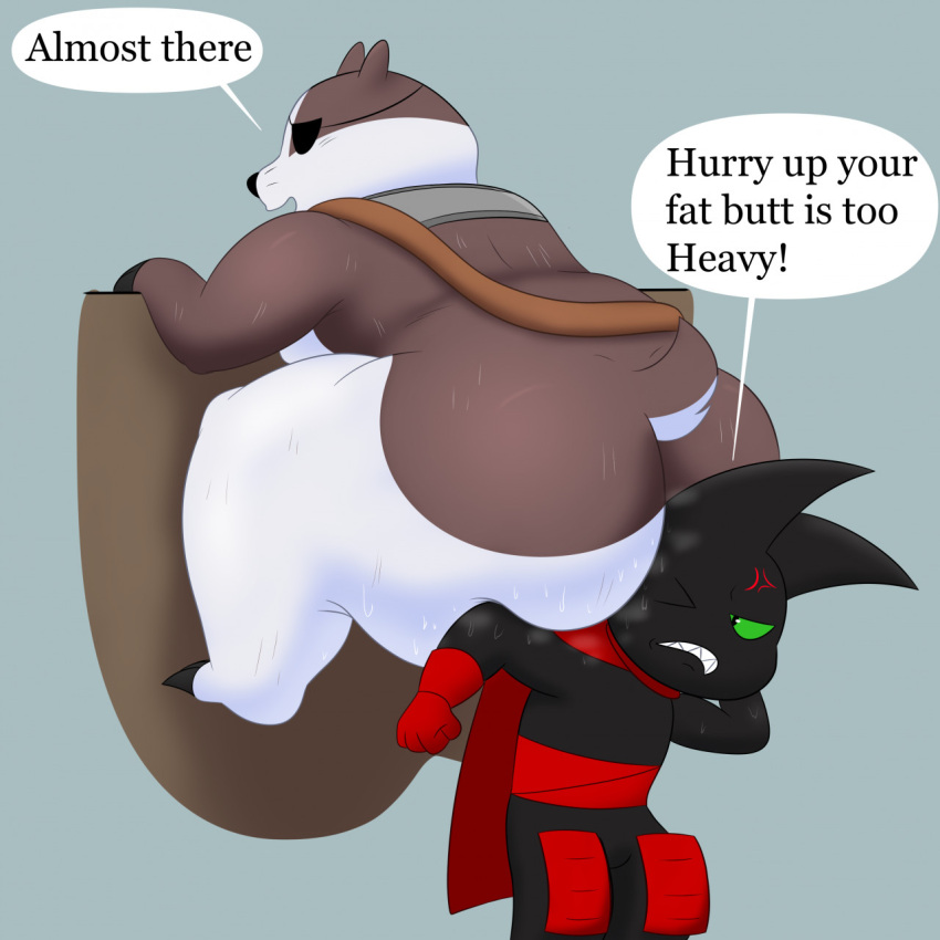 anthro badger badgerclops big_butt black_body black_fur butt cape cartoon_network climbing clothing colossalstars cybernetics cyborg domestic_cat duo english_text felid feline felis fst fur green_eyes hi_res machine male mammal mao_mao:_heroes_of_pure_heart mustelid musteline red_clothing sheriff_mao_mao_mao text