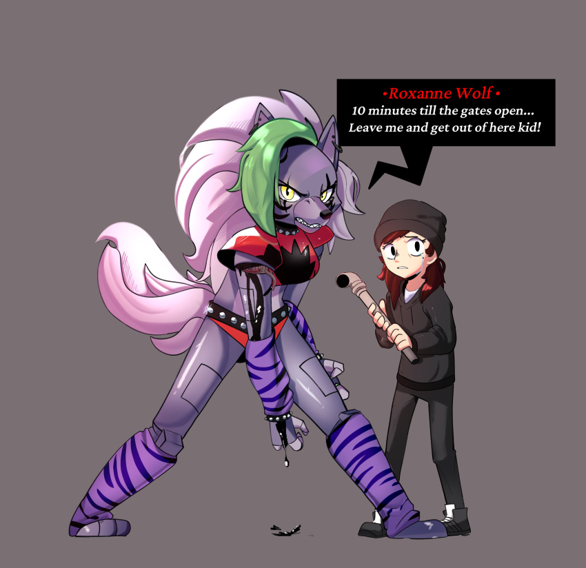 absurd_res animatronic anthro arm_warmers armwear beanie bodily_fluids canid canine canis child clothing crop_top crying dialogue duo female five_nights_at_freddy's five_nights_at_freddy's:_security_breach green_hair hair hat headgear headwear hi_res hoodie human lead_pipe leg_warmers legwear machine mammal midriff miscuitsxd oil robot roxanne_wolf_(fnaf) scottgames shirt size_difference speech_bubble tears text topwear video_games white_hair wolf wounded young