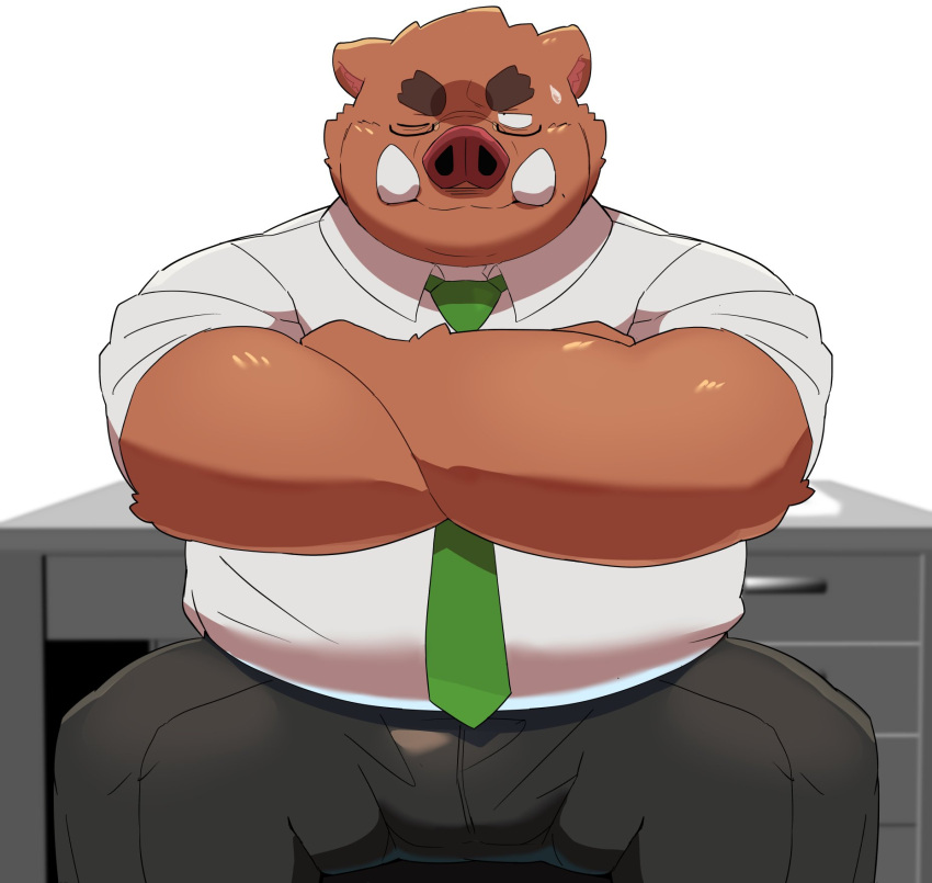 2022 anthro belly bottomwear clothing eyewear glasses hi_res kemono male mammal necktie omo_kemo one_eye_closed overweight overweight_male pants shirt sitting solo suid suina sus_(pig) topwear wild_boar