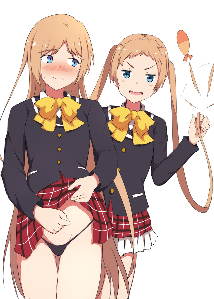 2girls :d absurdres afterimage ass_visible_through_thighs bangs black_jacket black_panties blue_eyes blush bow brown_hair chuunibyou_demo_koi_ga_shitai! closed_mouth clothes_lift collared_shirt commentary_request dekomori_sanae eyebrows_visible_through_hair forehead frilled_skirt frills groin highres jacket lifted_by_self long_hair long_sleeves mitchi multiple_girls nibutani_shinka nose_blush panties parted_bangs plaid plaid_skirt red_skirt shirt simple_background skirt skirt_lift smile sweat thigh_gap twintails underwear v-shaped_eyebrows very_long_hair wavy_mouth white_background white_shirt yellow_bow