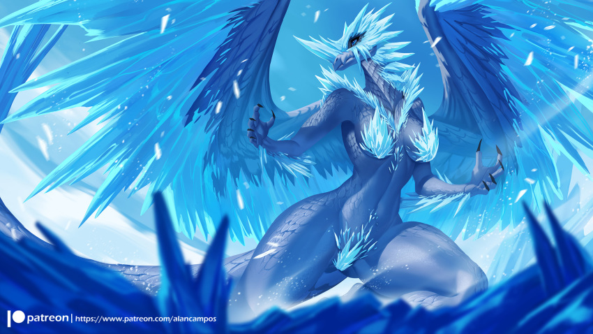 5_fingers alanscampos anthro armor blue_eyes breasts capcom claws clothed clothing digital_media_(artwork) dragon elder_dragon female fingers genitals hi_res mammal monster_hunter nintendo scalie solo text url velkhana video_games wings