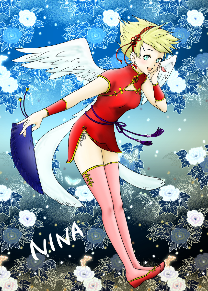 1girl absurdres angel_wings blonde_hair breath_of_fire breath_of_fire_iii china_dress chinese_clothes dress feathered_wings full_body green_eyes highres looking_at_viewer maruno nina_(breath_of_fire_iii) open_mouth short_hair smile solo thighhighs white_wings wings