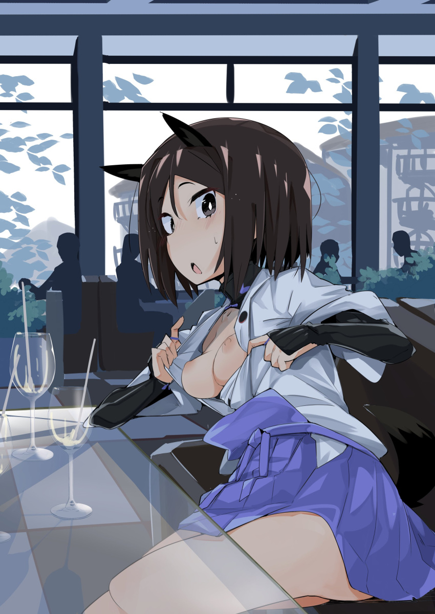 1girl absurdres animal_ears areolae arm_guards black_hair blue_skirt breasts dog_ears dog_tail hakama hakama_skirt highres japanese_clothes kuroda_kunika looking_at_viewer nipples no_bra open_mouth pegina restaurant self_exposure short_hair silhouette skirt small_breasts solo sweatdrop tail thighs world_witches_series