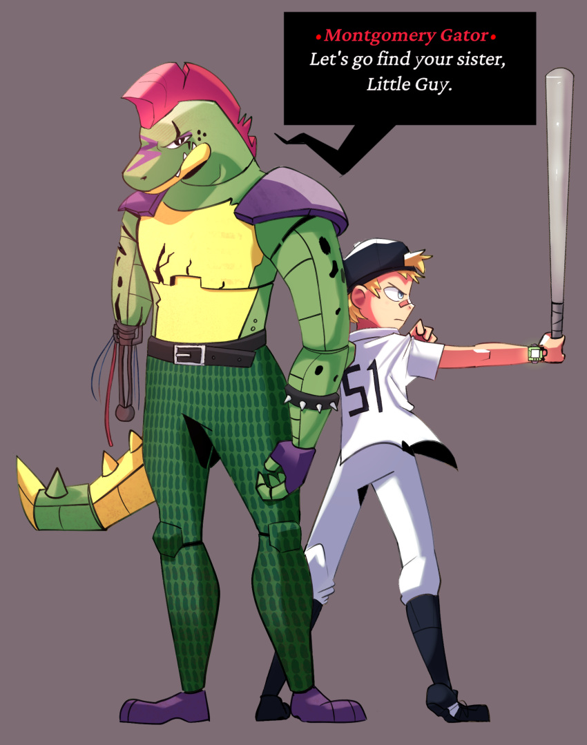 alligator alligatorid animatronic anthro backwards_baseball_cap backwards_hat band-aid bandage barefoot baseball_bat baseball_cap baseball_uniform bat_(object) bottomwear child clothing crocodilian dialogue duo feet five_nights_at_freddy's five_nights_at_freddy's:_security_breach hair hat headgear headwear hi_res human machine male mammal metallic_body miscuitsxd missing_arm mohawk montgomery_gator_(fnaf) pants red_hair reptile robot scalie scottgames shirtless_anthro shirtless_male shoulder_pads size_difference speech_bubble sportswear text uniform video_games wire young