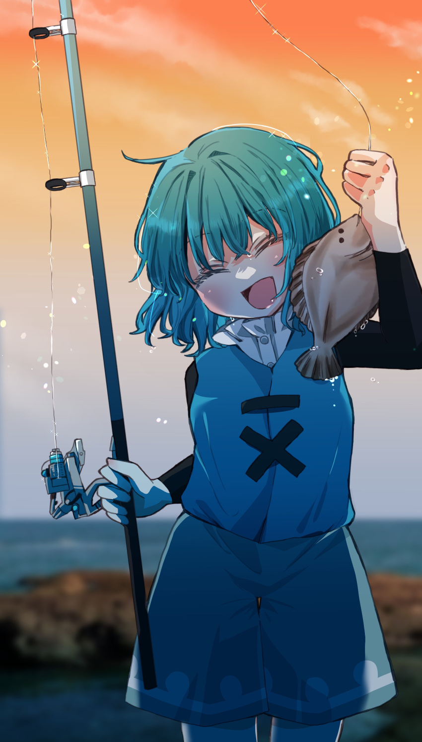 1girl :d absurdres adapted_costume blue_hair blush closed_eyes cloud cowboy_shot fish fishing fishing_rod happy head_tilt highres orange_sky outdoors pantyhose salt_(seasoning) short_hair shorts sky smile solo sunset tatara_kogasa touhou