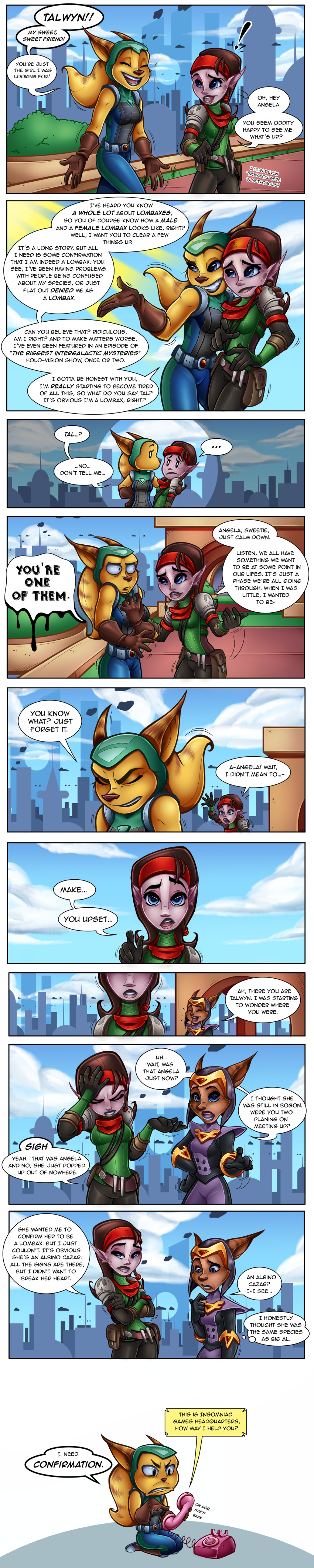 absurd_res angela_cross anthro black_hair breasts brown_body brown_fur brown_hair cazar_(ratchet_and_clank) clothed clothing comic dialogue english_text female fur group hair hi_res humanoid lombax long_image mammal markazian phone ratchet_and_clank sasha_phyronix sofiespangenberg sony_corporation sony_interactive_entertainment tall_image talwyn_apogee text video_games yellow_body yellow_fur