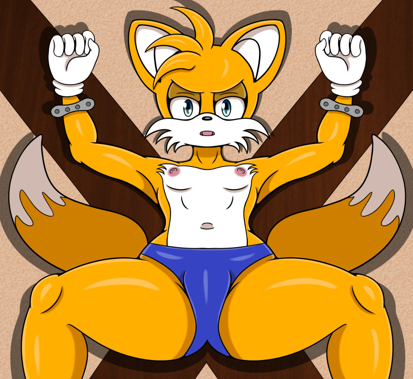 2_tails anthro bdsm blue_eyes bondage bound canid canine clothing fox fur girly gloves handwear hi_res looking_at_viewer male mammal miles_prower multi_tail navel nipples orange_body orange_fur restraints saint_andrew's_cross sega shinymagpie solo sonic_the_hedgehog_(series) speedo spread_legs spreading swimwear thick_thighs white_body white_clothing white_fur white_gloves white_handwear