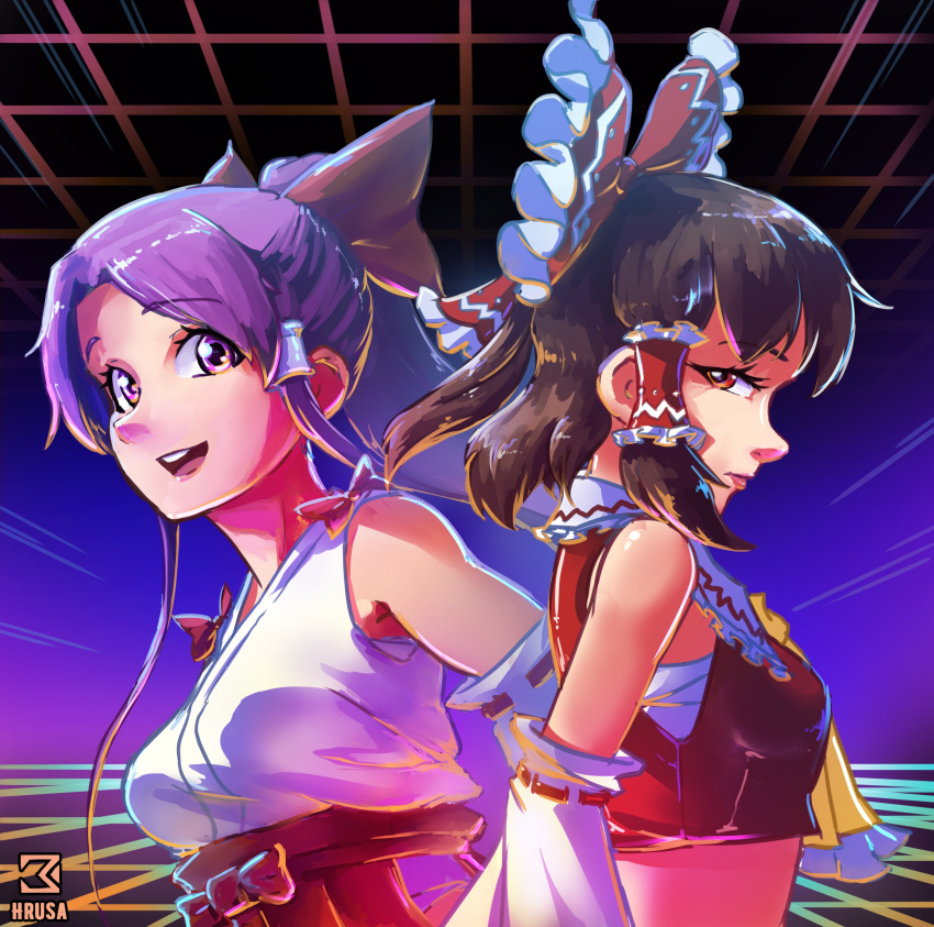 2girls absurdres ascot bangs bare_shoulders bow breasts brown_eyes brown_hair chest_sarashi collared_vest commentary_request crop_top david_hrusa doujinshi dual_persona eyelashes frilled_ascot frilled_bow frills hair_bow hair_tubes hakama hakama_skirt hakurei_reimu hakurei_reimu_(pc-98) happy_birthday highres japanese_clothes kimono lips long_hair looking_at_viewer midriff miko multiple_girls neon_palette open_mouth ponytail purple_eyes purple_hair red_bow red_hakama red_skirt red_vest retro_artstyle ribbon-trimmed_sleeves ribbon_trim sarashi sidelocks skirt small_breasts teeth touhou touhou_(pc-98) upper_teeth vaporwave vest white_kimono white_sleeves wide_sleeves yellow_ascot