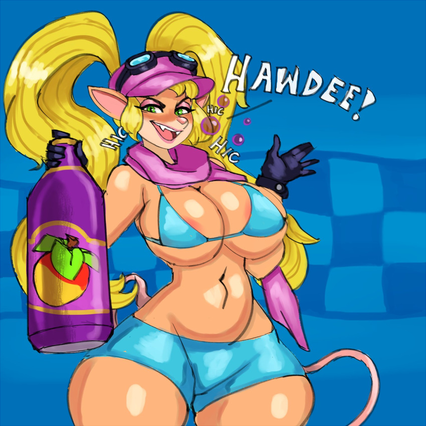 activision big_breasts blonde_hair breasts clothing crash_bandicoot_(series) drunk geebie33 hair hat headgear headwear hi_res lipstick makeup pasadena_o'possum scarf substance_intoxication text thick_thighs video_games wide_hips
