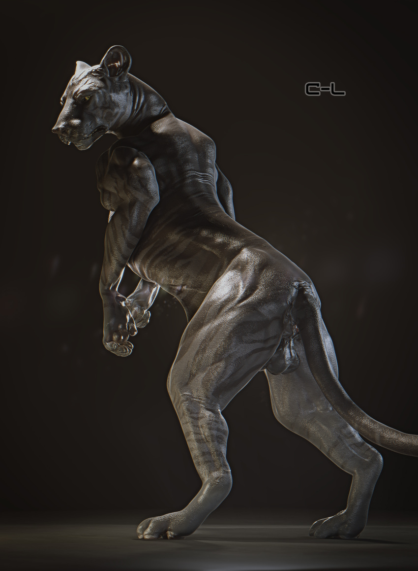 3d_(artwork) animal_genitalia anthro anus balls big-cat black_body blender_(software) butt cosmiclife digital_media_(artwork) fangs felid feral genitals hairless hi_res humanoid khan_(cosmiclife) long_tail looking_at_viewer male mammal muscular nude pantherine pinup pose quadruped rear_view semi-anthro sheath simple_background solo standing suggestive tiger