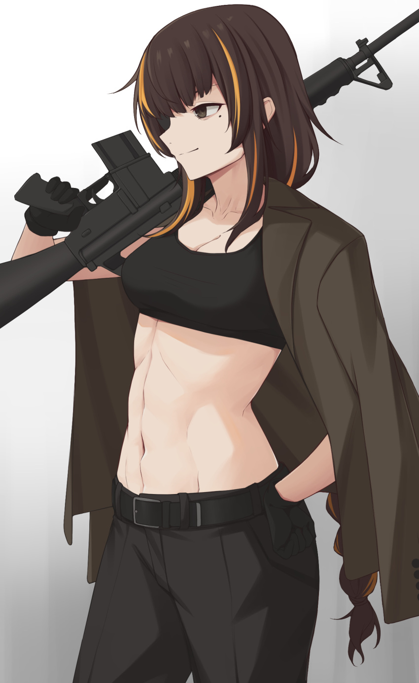 1girl abs act_(xadachit) assault_rifle bangs belt black_belt black_gloves black_pants black_sports_bra black_tank_top blazer braid braided_ponytail breasts brown_eyes brown_hair brown_jacket cleavage closed_mouth collarbone crop_top eyebrows_visible_through_hair feet_out_of_frame girls'_frontline gloves gun hand_on_hip highres holding holding_gun holding_weapon jacket jacket_on_shoulders long_hair looking_away m16 m16a1 m16a1_(girls'_frontline) medium_breasts mole mole_under_eye multicolored_hair navel over_shoulder pants rifle smile solo sports_bra standing tank_top weapon weapon_over_shoulder