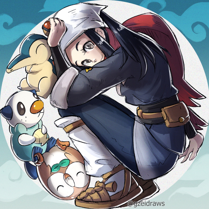 1girl akari_(pokemon) black_hair blue_pants cyndaquil green_eyes gzei highres looking_at_viewer oshawott pants poke_ball pokemon pokemon_(game) pokemon_legends:_arceus red_scarf rowlet scarf squatting white_headwear white_legwear