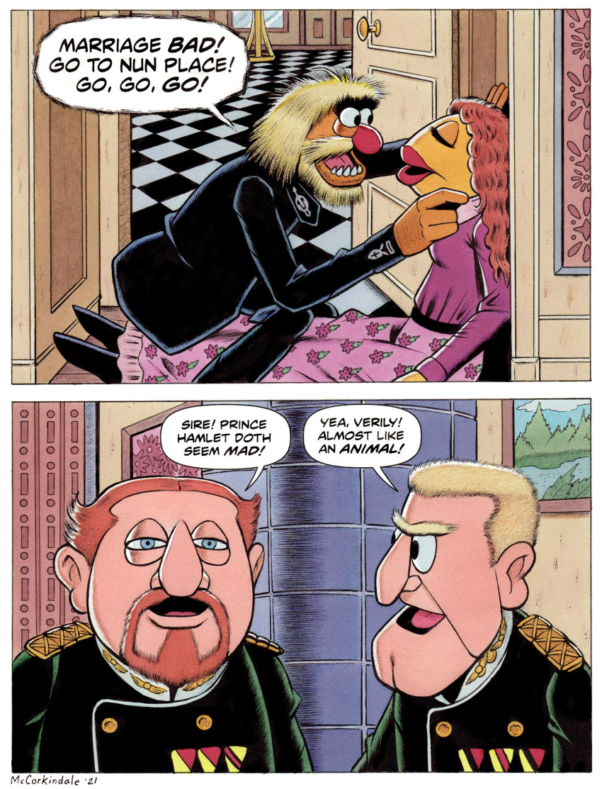 2021 4_fingers animal_(muppets) anthro beard big_chin big_nose blonde_hair blue_eyes border bruce_mccorkindale cleft_chin clothing comic dialogue door doorknob dress duo english_text eyebrows facial_hair female fingers flower_dress footwear hair hamlet_(1996) hamlet_(play) hi_res holding_face humanoid janice_(muppets) male male/female medal military_uniform monster muppets mustache orange_body orange_skin portrait red_hair red_nose shoes signature speech_bubble statler suit teeth text the_muppet_show thick_eyebrows unibrow uniform waldorf white_border window