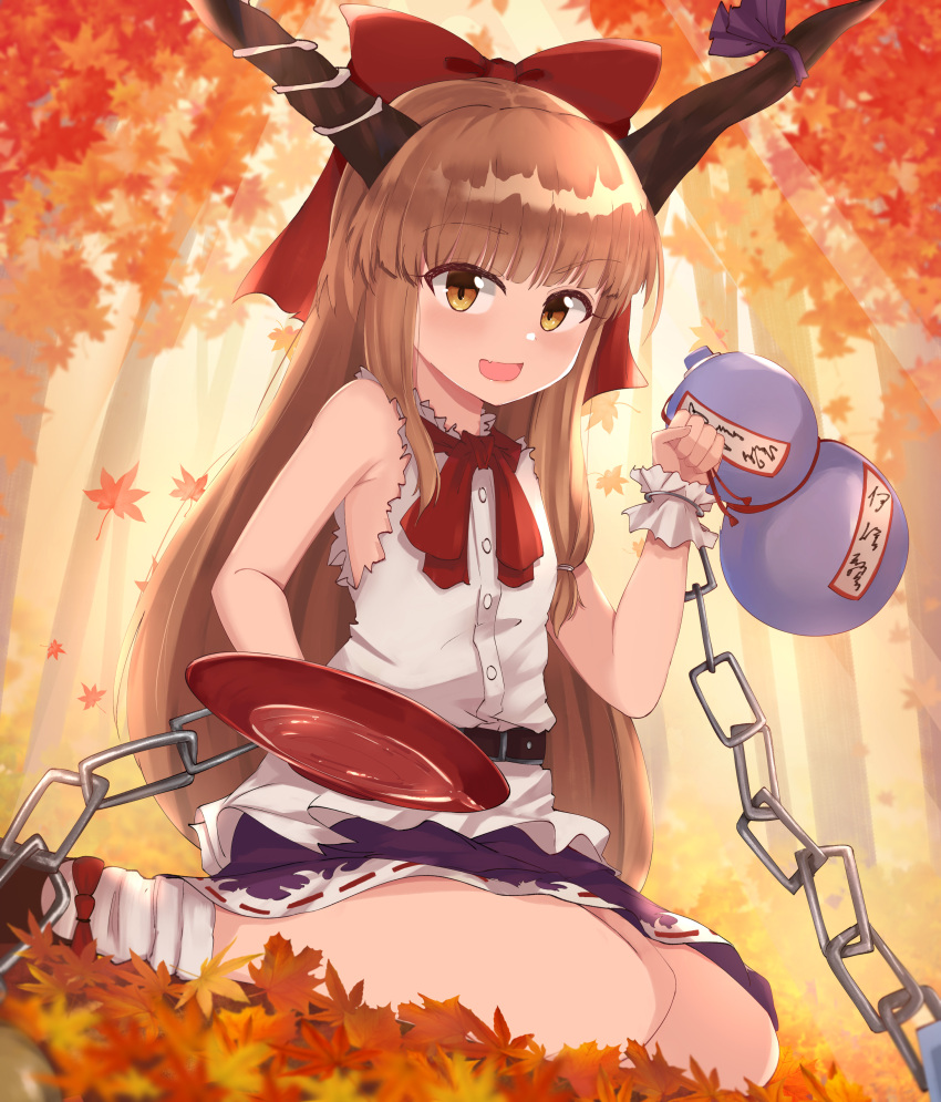 1girl absurdres alcohol autumn autumn_leaves backlighting bangs belt black_belt black_footwear black_horns blouse blunt_bangs blurry blurry_background bow chain commentary cuffs cup day depth_of_field eyebrows_visible_through_hair fang frilled_cuffs gourd hair_bow highres holding holding_cup horn_ornament horn_ribbon horns ibuki_suika kurokimono001 long_hair looking_at_viewer mary_janes medium_skirt neck_ribbon open_mouth orange_eyes orange_hair outdoors purple_skirt raised_eyebrow red_bow red_ribbon ribbon ribbon-trimmed_skirt ribbon_trim sakazuki sake shackles shoes sitting skin_fang skirt sleeveless_blouse smile socks solo sunlight torn_clothes torn_sleeves touhou tree wariza white_blouse white_legwear