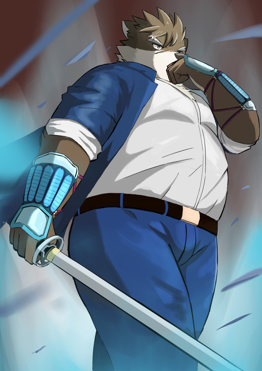 9dtq0 absurd_res anthro armguards belly belt canid canine canis clothed clothing domestic_dog hi_res katana lifewonders male mammal melee_weapon moritaka musclegut open_clothing open_shirt open_topwear pecs school_uniform shirt solo sword tokyo_afterschool_summoners topwear uniform video_games weapon