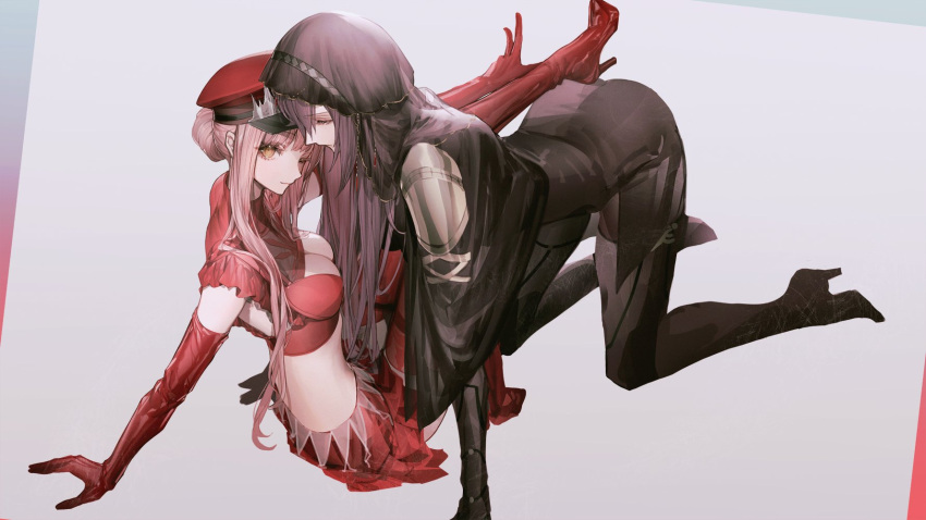 2girls arm_up bangs black_footwear boots bra breasts cleavage closed_eyes closed_mouth crop_top dress elbow_gloves eyebrows_visible_through_hair fate_(series) full_body gloves hair_ornament hand_on_floor high_heel_boots high_heels highres km2o4 kneeling leg_up long_hair looking_at_viewer medb_(alluring_chief_warden_look)_(fate) medb_(fate) medium_breasts multiple_girls on_floor one_eye_closed pants pink_hair purple_dress purple_hair red_bra red_footwear red_gloves red_headwear red_skirt red_tank_top rubber_boots rubber_gloves scathach_(fate) sideboob skirt smile tank_top underwear veil white_background yellow_eyes