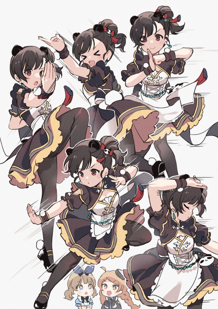 &gt;_&lt; +_+ 3girls ahoge alternate_hairstyle animal_ears black_hair black_legwear blue_eyes bow braid breasts brown_eyes brown_hair chibi chinese_clothes cleavage fake_animal_ears fighting_stance hair_bow hair_ornament hat highres idolmaster idolmaster_million_live! idolmaster_million_live!_theater_days kung_fu long_hair mayu-tan_no_kung_fu motion_lines multiple_girls nakatani_iku nys oogami_tamaki orange_hair outstretched_arms panda_ears panda_hair_ornament pantyhose parody pose short_hair short_twintails suou_momoko tied_hair traditional_media twin_braids twintails