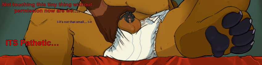 2021 4:1 4_toes anthro balls banner bottlebear bottlebear_(character) brown_body brown_fur chastity_cage chastity_device diaper digital_drawing_(artwork) digital_media_(artwork) english_text feet fur genitals grope hi_res hindpaw humiliation infantilism long_image male mammal pawpads paws simple_background solo text toes ursid wide_image