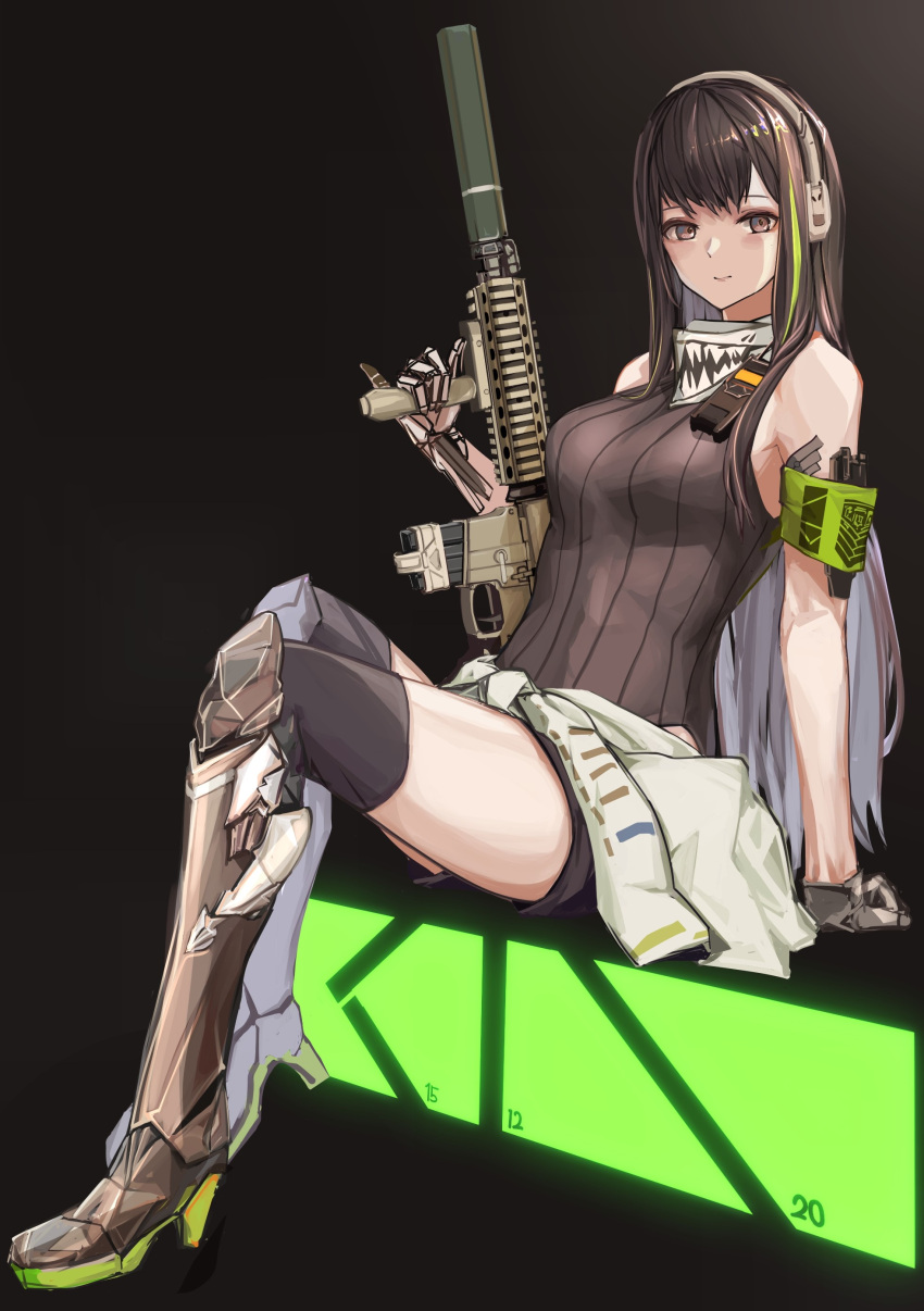 1girl absurdres assault_rifle bangs black_gloves black_legwear black_shorts blush boots breasts brown_eyes brown_footwear brown_hair brown_sweater_vest closed_mouth clothes_around_waist cup eyebrows_visible_through_hair full_body girls'_frontline gloves gun headphones headset high_heel_boots high_heels highres holding holding_cup jacket jacket_around_waist knee_boots lips lithographica long_hair looking_at_viewer m4_carbine m4a1_(girls'_frontline) medium_breasts multicolored_hair rifle scarf shorts simple_background sitting solo sweater_vest thighhighs walkie-talkie weapon white_jacket white_scarf