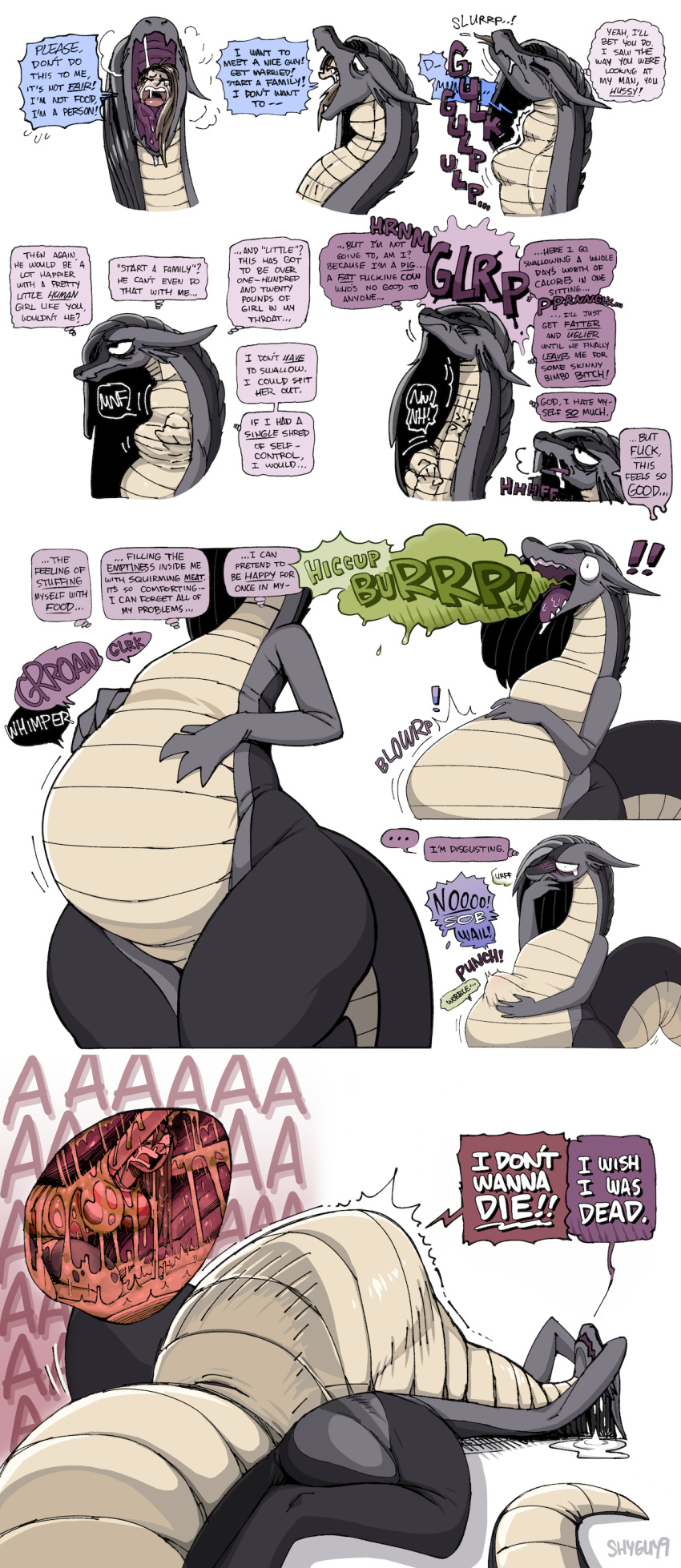 absurd_res anthro anthro_pred ashe_(shyguy9) begging belly big_belly bodily_fluids body_outline breast_imprints burping covering covering_mouth crying depression dialogue digestion dragon english_text face_imprint female female/female female_pred female_prey gluttony grey_body guilty hair hi_res hiccuping human human_prey imminent_digestion imprint internal larger_anthro larger_female larger_pred long_body long_hair long_neck mammal muffled oral_vore pear-shaped_figure rumbling_stomach sad scared semi-anthro shame sharp_teeth shyguy9 size_difference smaller_female smaller_human smaller_prey stomach_acid struggling swallowing talking_to_self tan_body tears teeth text thick_thighs undercut vore wide_hips