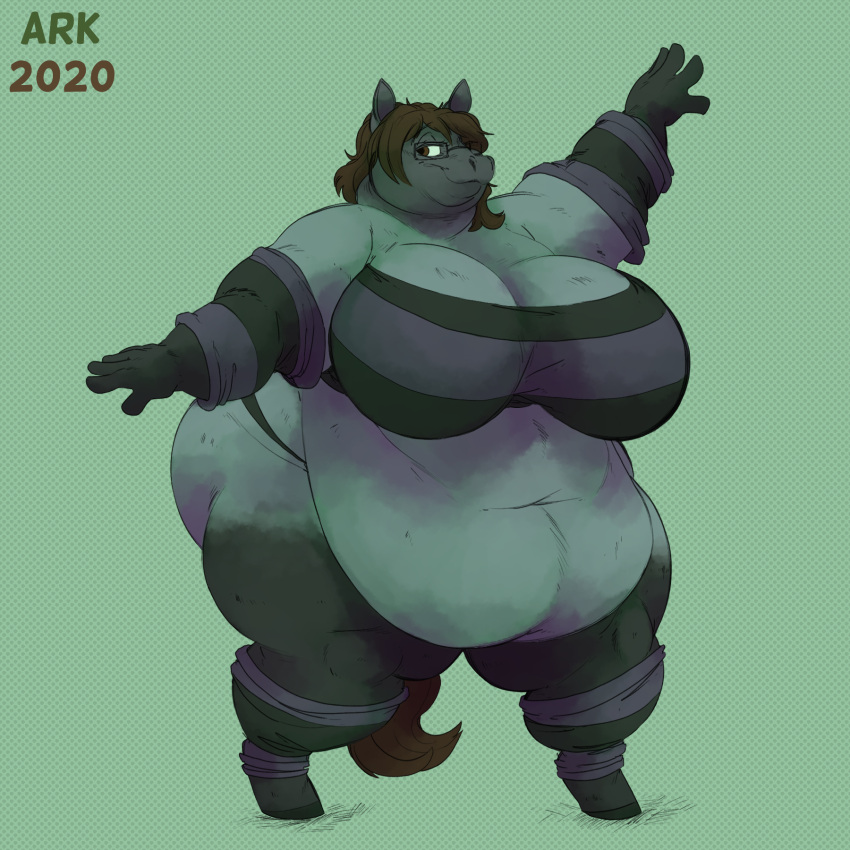 2020 alundra anthro arkveveen_(artist) arm_warmers armwear belly belly_overhang big_belly big_breasts big_butt blue_roan_(marking) breasts brown_hair butt clothing dewlap_(anatomy) double_chin equid equine eyewear female glasses hair hi_res hooves horse legwear looking_at_viewer mammal morbidly_obese morbidly_obese_female navel obese obese_female overweight overweight_female pose raised_arm smile smiling_at_viewer solo stockings thick_thighs thong topwear tube_top underwear